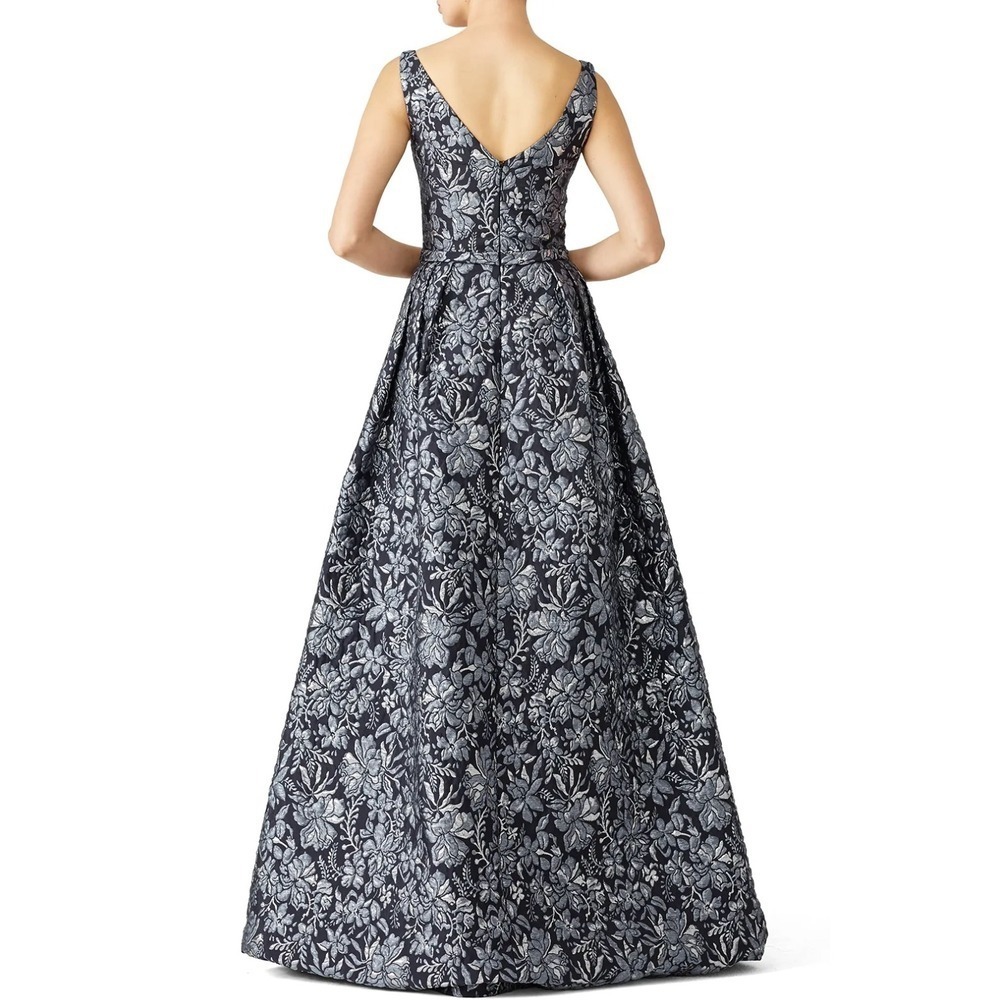 Theia Floral Slate Ball Gown Womens 10 Silver Blue Brocade Maxi Formal Evening - Picture 3 of 12